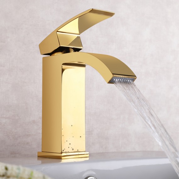 KES Lead-Free Waterfall Vanity Sink Faucet with Rectangular Spout for Lavatory Single Hole, Titanium Gold, L3109A1LF-4